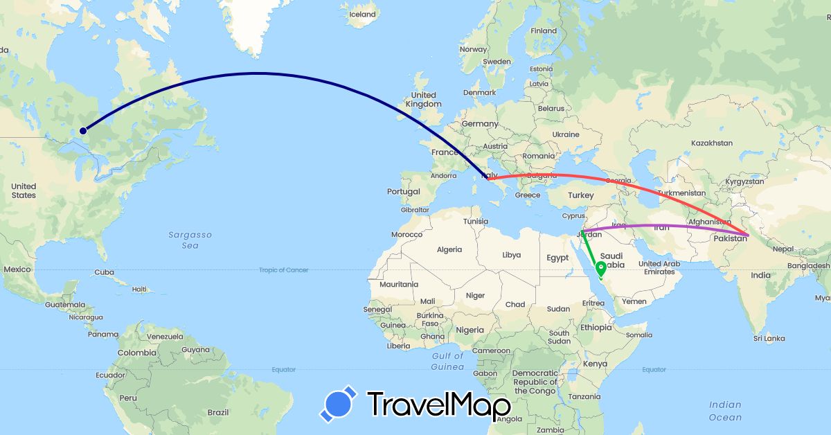 TravelMap itinerary: driving, bus, train, hiking in Canada, Israel, India, Saudi Arabia, Vatican City (Asia, Europe, North America)